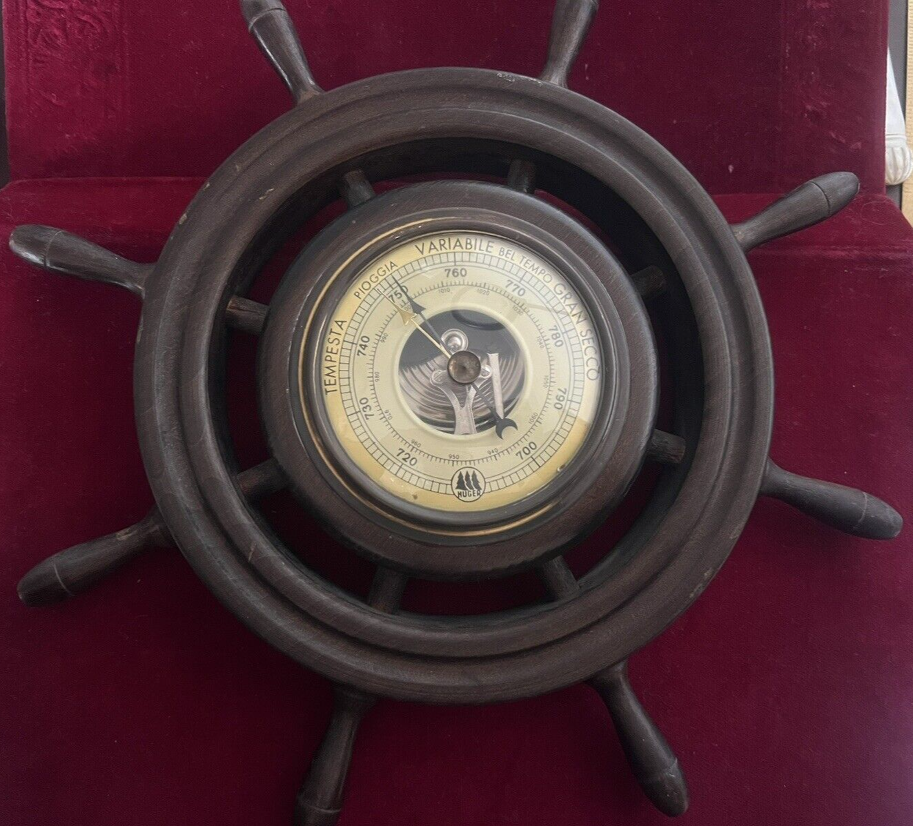 🔴 HUGER barometro timone legno meccanico a parete barca funziona vintage