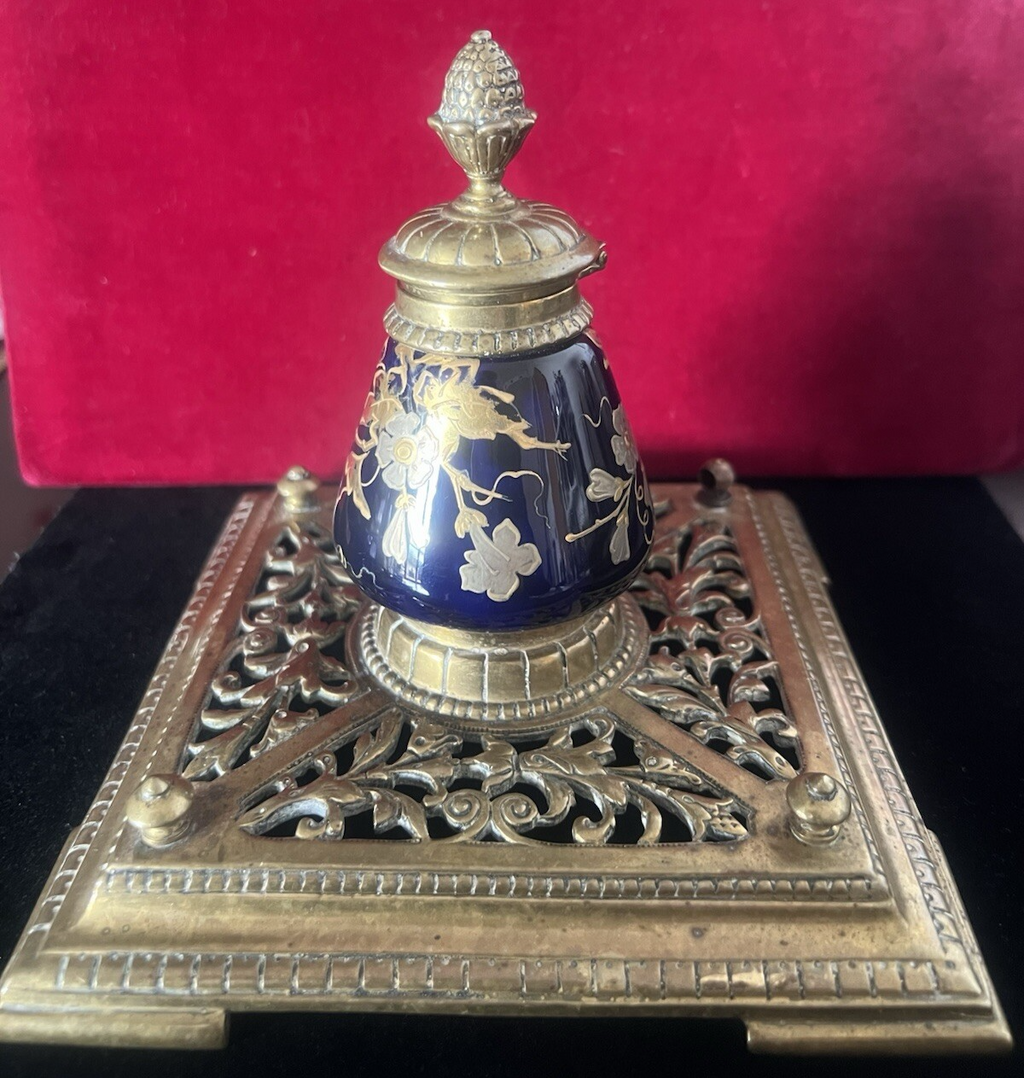 Encrier Bureau Céramique Bleu Et Laiton Ajouré Peinture Avec Or Zecchino