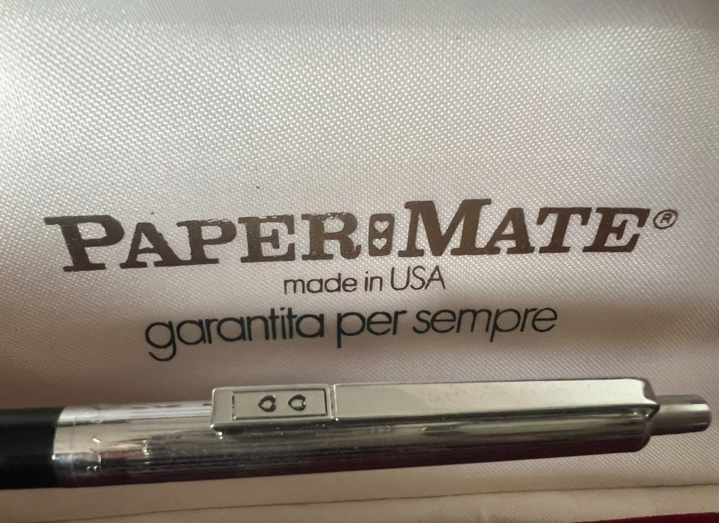 🔴 PAPERMATE penna sfera nera cromata a scatto con astuccio vintage