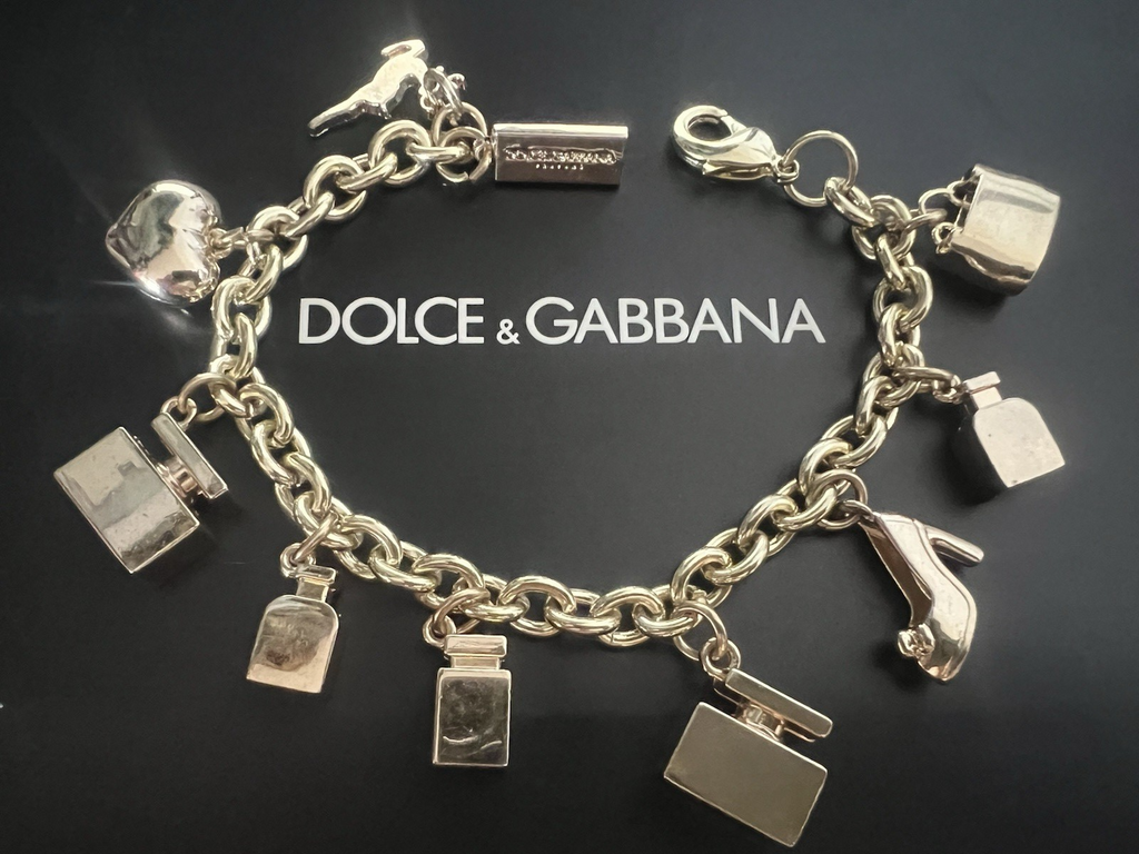 🔴 DOLCE & GABBANA bracciale charm gioiello acciaio dorato con pendenti iconici