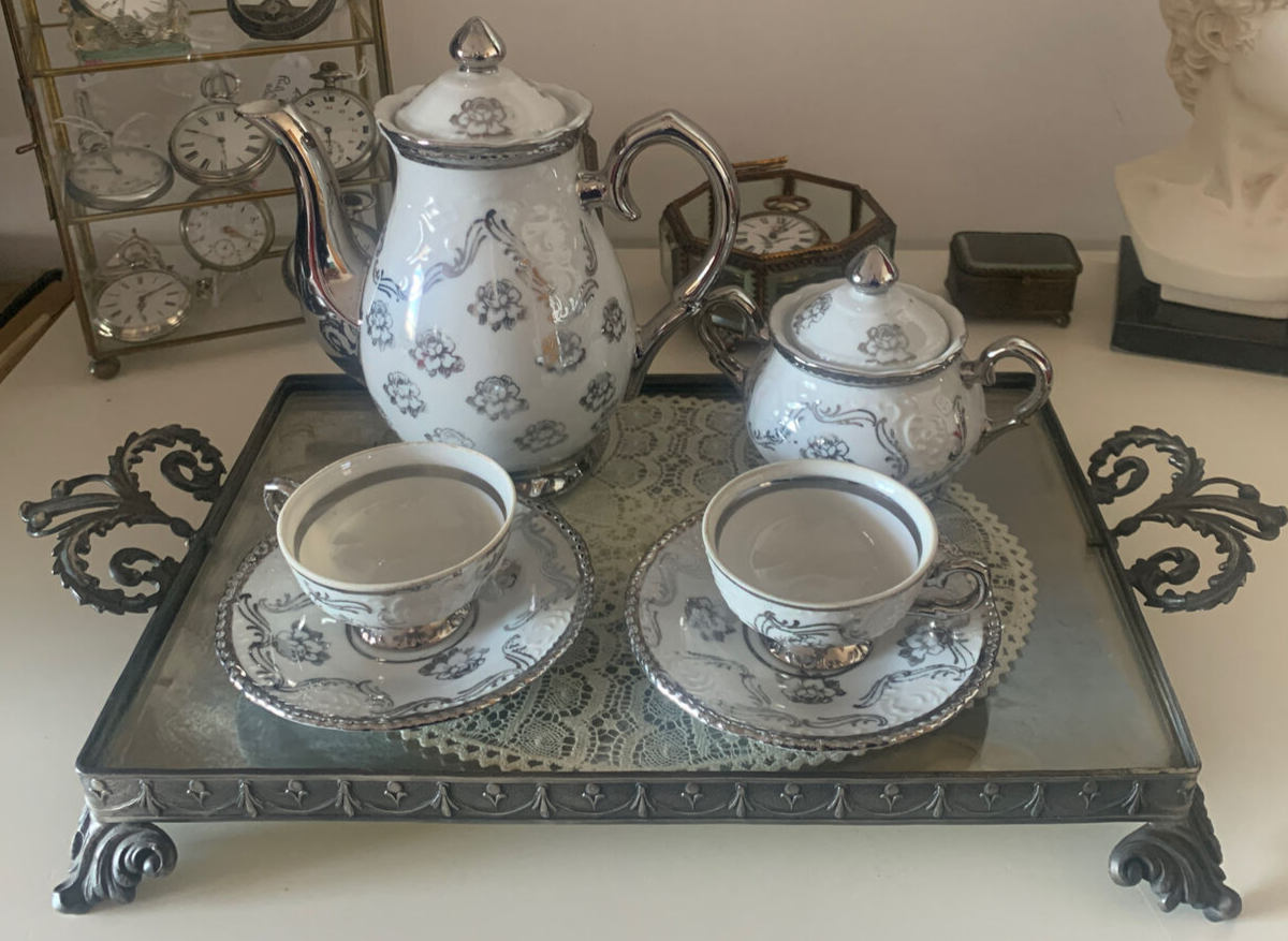 🔴 Vassoio merletto tazzine caffè TET A TET ceramica trasparente FOREIGN vintage