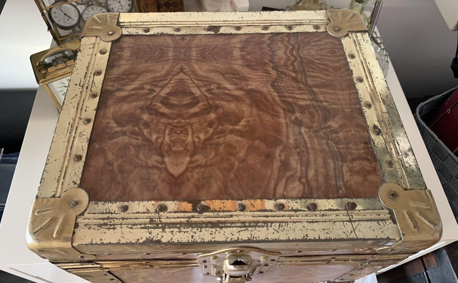 🔴 BAULE legno ottone porta gioielli cappelli preziosi orologi vintage