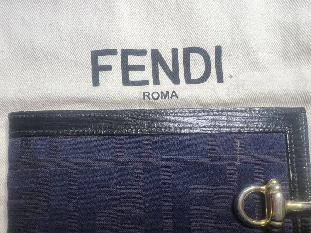 Fendi Men's Wallet Fabric Pumpkin Blue Inner Leather With Hook Vintage