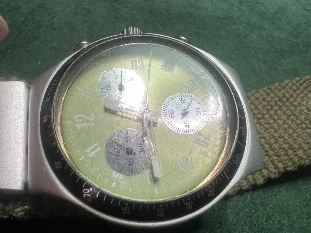 🔴 SWATCH orologio polso chrono CORAGGIOSO verde militare cinturino tessuto