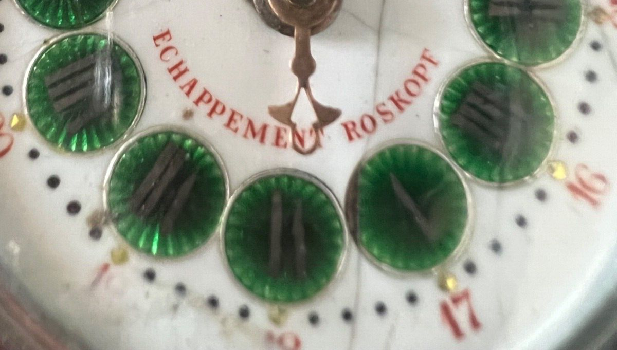 🔴 ROSKOPF Taschenuhr, Zifferblatt mit irisierendem Emaille, Handaufzug, Vintage 