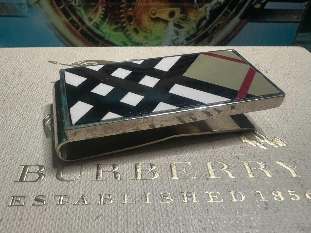 🔴 BURBERRY portafoglio fermasoldi ferma soldi acciaio tessera garanzia astuccio