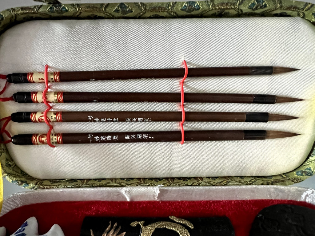 Set Calligraphie Chinois Pinceaux Porte- Encre Complet Boîte Vintage