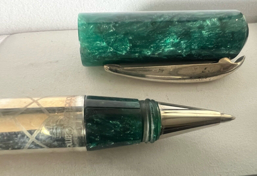 🔴 ROBERTA DI CAMERINO penna sfera ARGENTO 925 con particolari verde brillanti