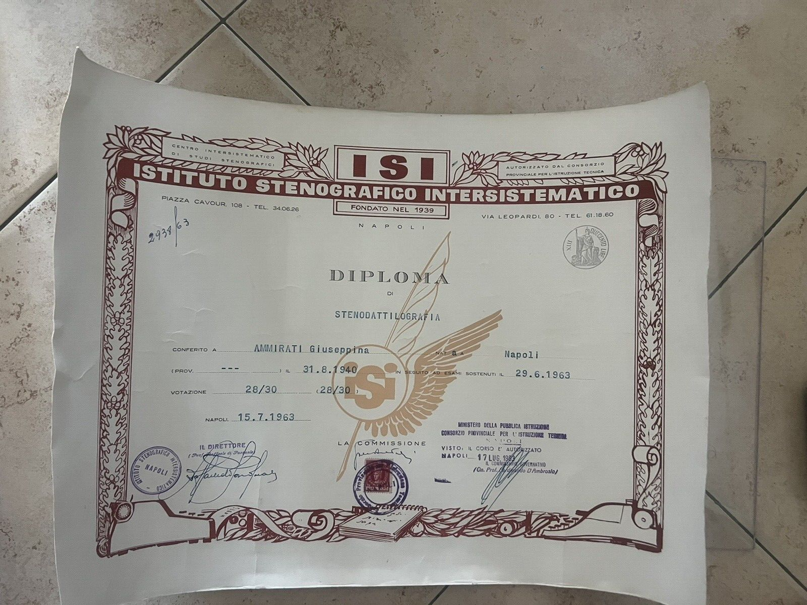 Diplôme Stenodattilografia Isi Institut Stenografico Intersistematico 1963