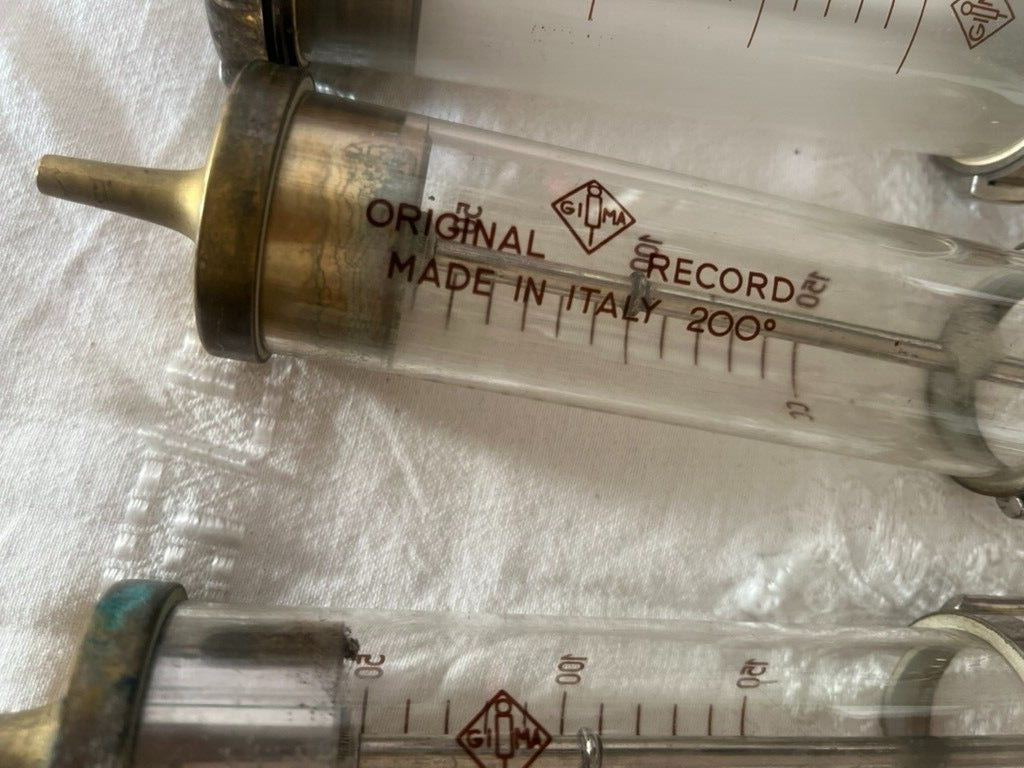Irrigation Surgical RECORD Syringe Medical Glass Metal Lot 4 Pieces Vintage