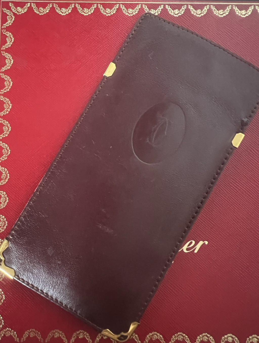 🔴 CARTIER fodero occhiali pelle bordeaux angoli rinforzati metallo vintage