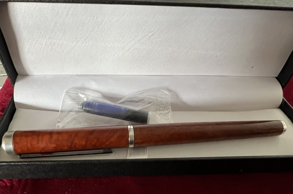 🔴 Penna stilografica ARGENTO 925 corpo legno a cartuccia scrive 25