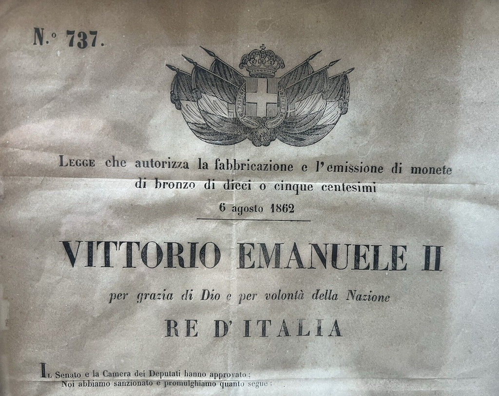 🔴 VITTORIO EMANUELE II legge conio monete 5 10 centesimi 1862 quadro ORIGINALE