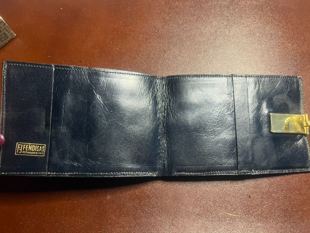 Fendi Portefeuille Homme Tissu Citrouille Bleu Interne Cuir Avec Crochet Rétro