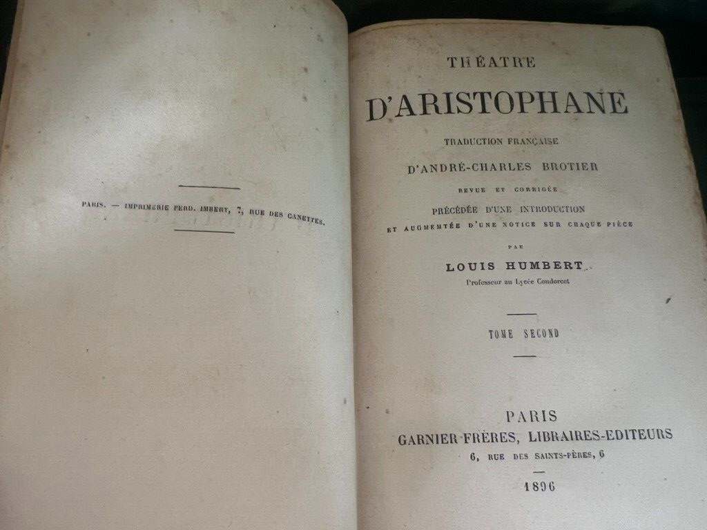 Livre Théâtre D'Aristophane En Lingua Français 2 Toma Antique Del 1896 