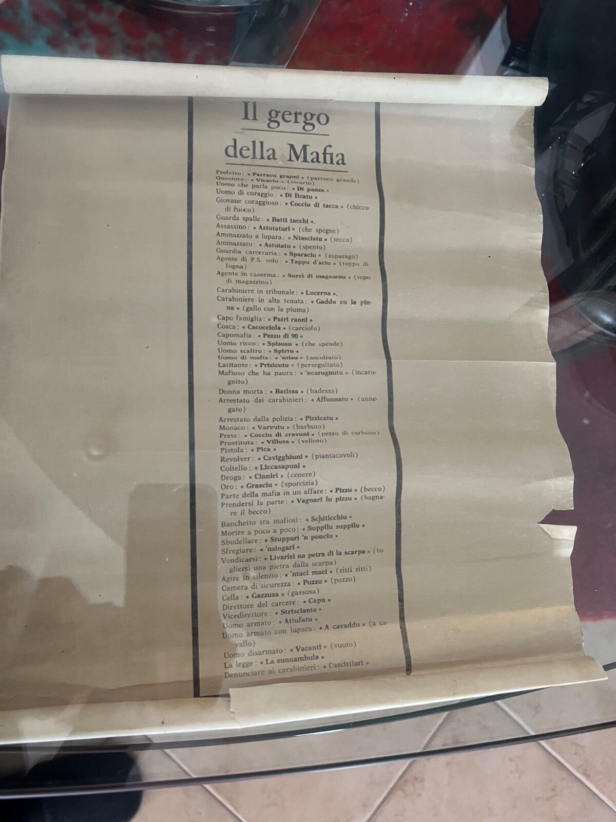 🔴 Vokabeln MAFIA-JARGON-Zertifikat Champagnerpapier L 30 h 41 cm Vintage 