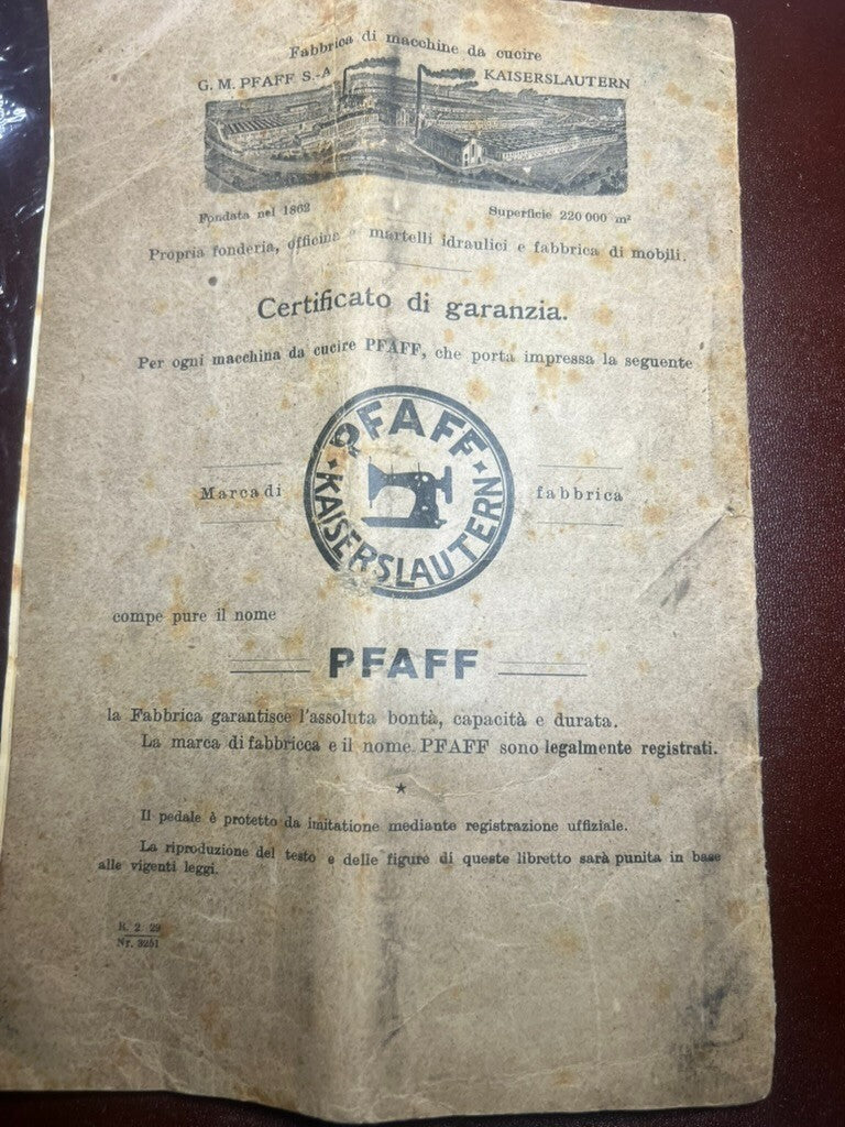 🔴 Bedienungsanleitung für die Nähmaschine PFAFF 31, Original-Garantieheft aus Italien 