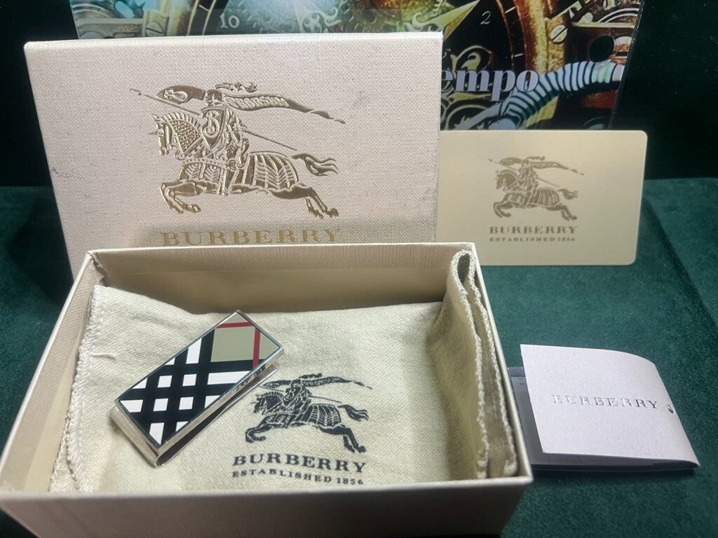 🔴 BURBERRY portafoglio fermasoldi ferma soldi acciaio tessera garanzia astuccio