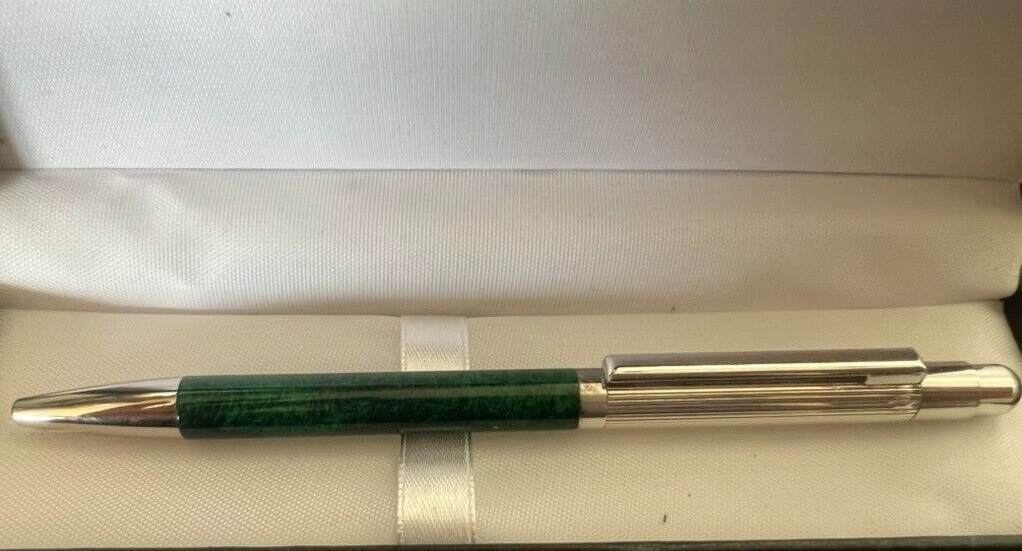 Stylo-Plume Sphère Argent 925 Laque Vert Bouton Snap Écrit Vintage 23