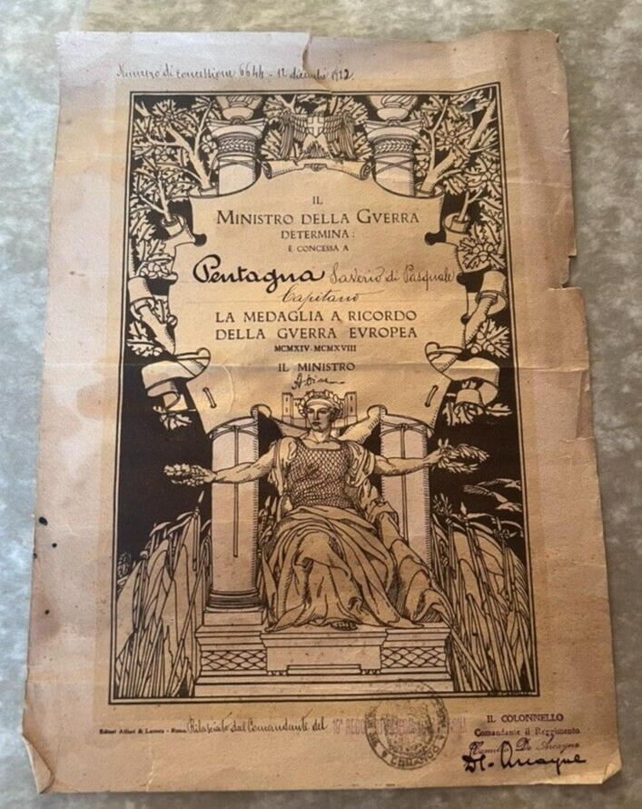 Certificate Regno D'Italia Memory War Europe for Medal Original 1918