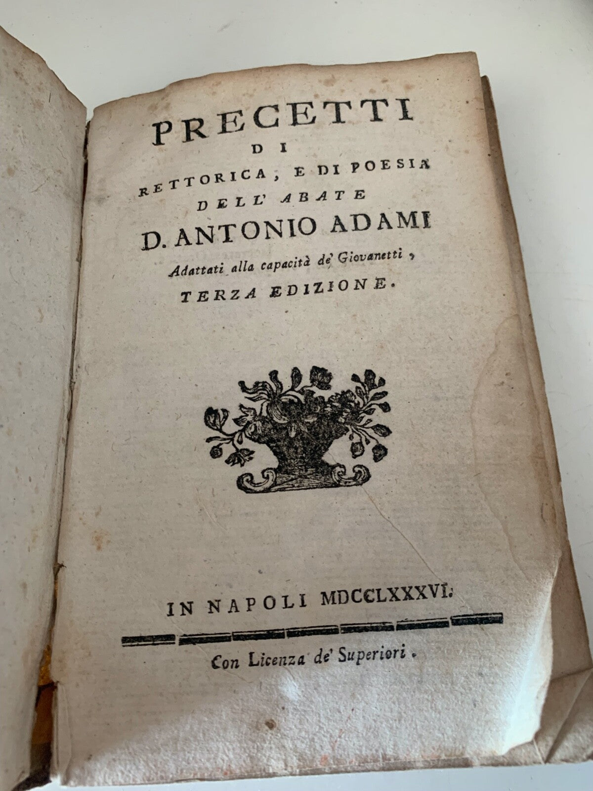 🔴 Book PRECEPTS OF RHETORIC AND POETRY by Abbot Antonio Adami old 1796 