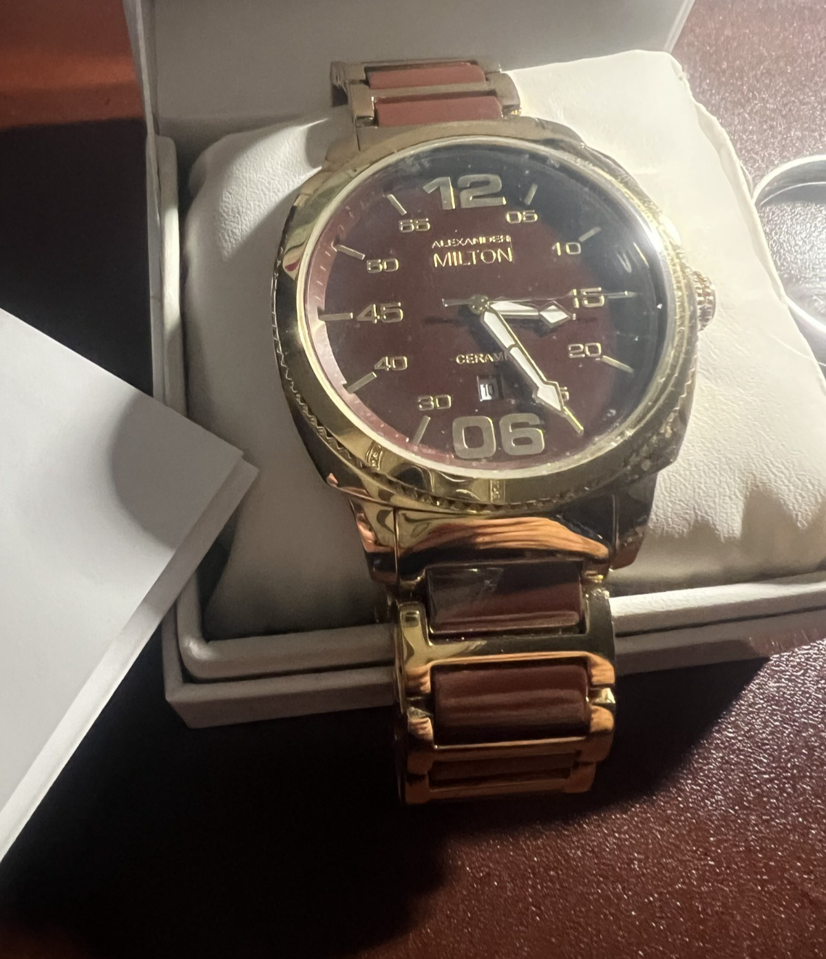 🔴 ALEXANDER MILTON orologio uomo placcato oro ceramica quarzo 3 ATM NOS