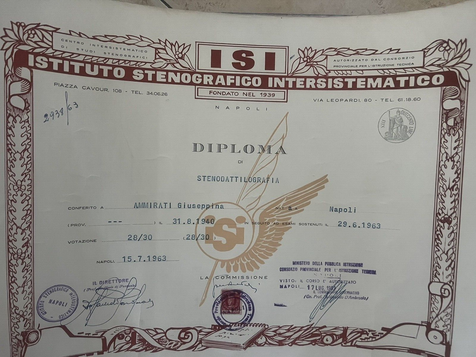 Diplôme Stenodattilografia Isi Institut Stenografico Intersistematico 1963