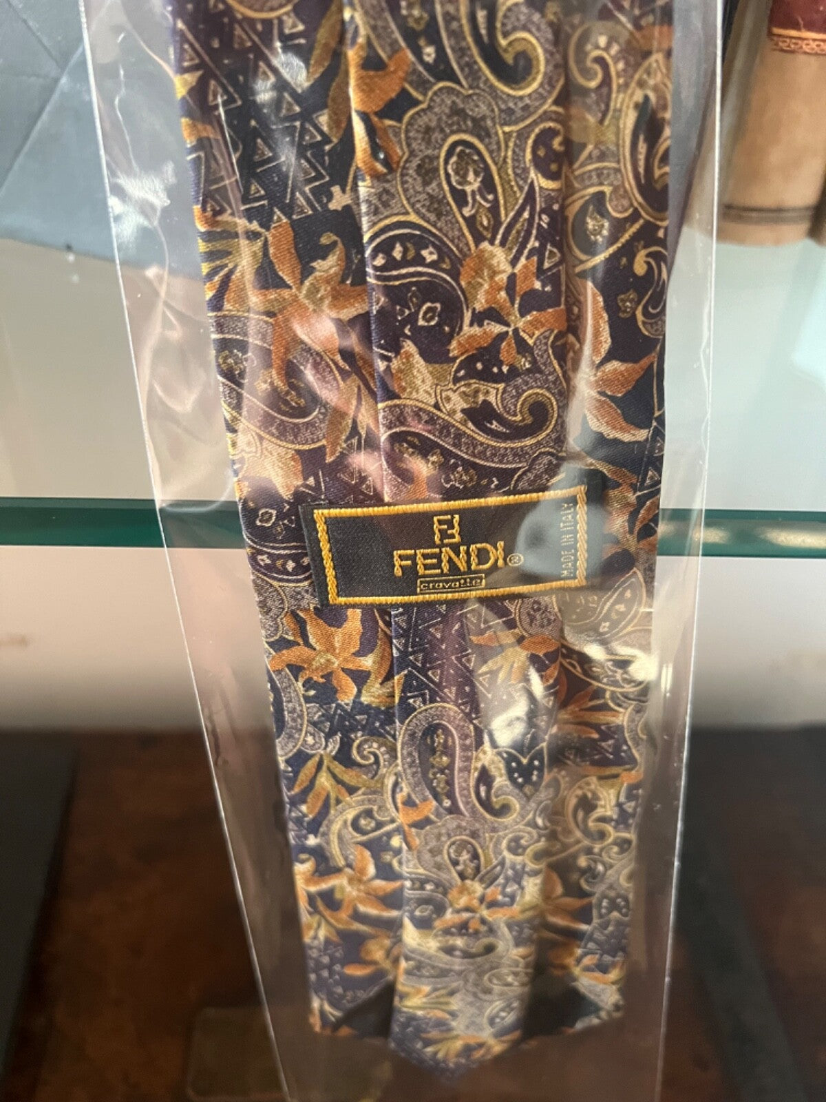 🔴 FENDI cravatta uomo SETA BLU BEIGE FIORI VOLUTE classica italiana busta