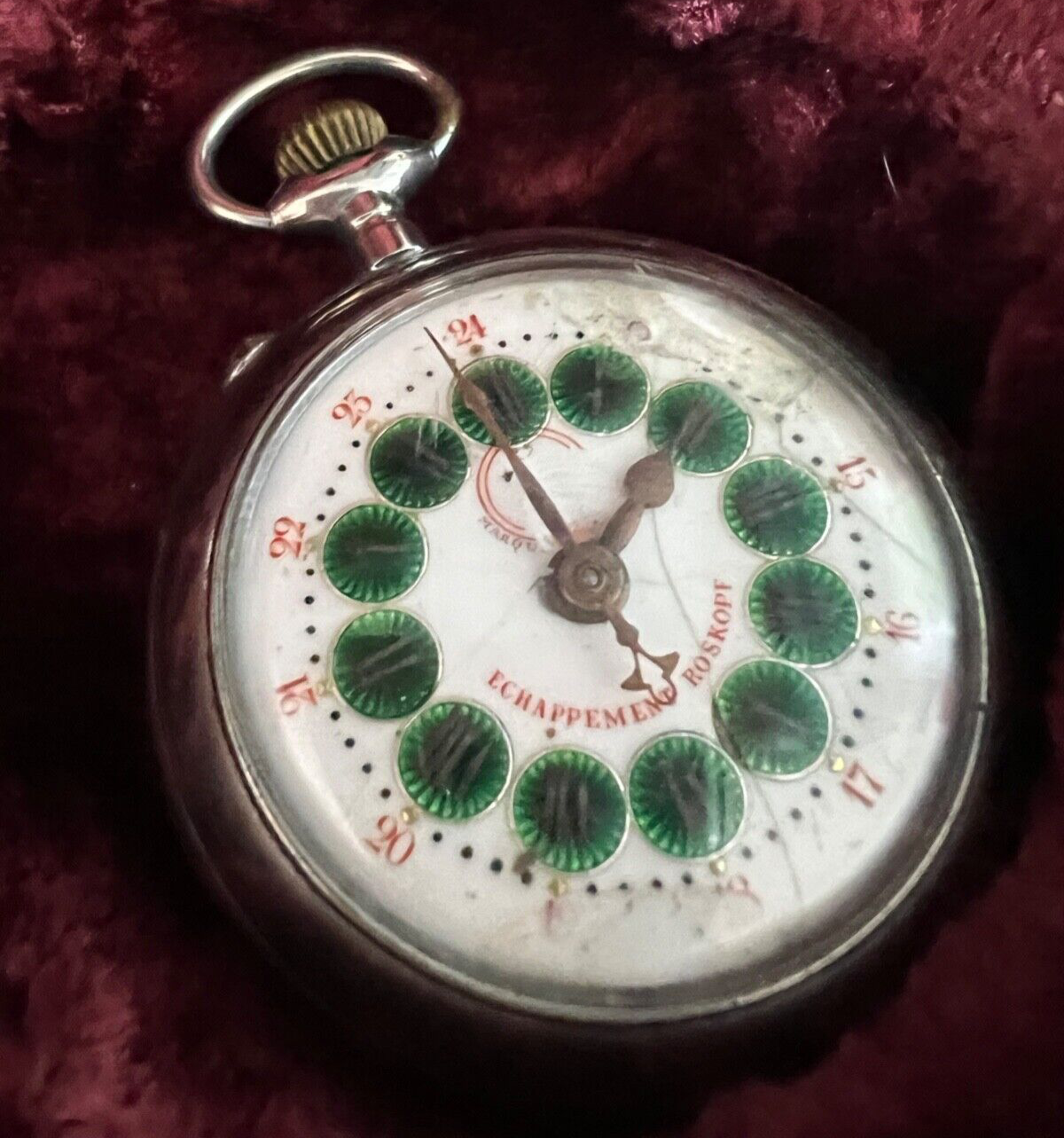 🔴 ROSKOPF Taschenuhr, Zifferblatt mit irisierendem Emaille, Handaufzug, Vintage 