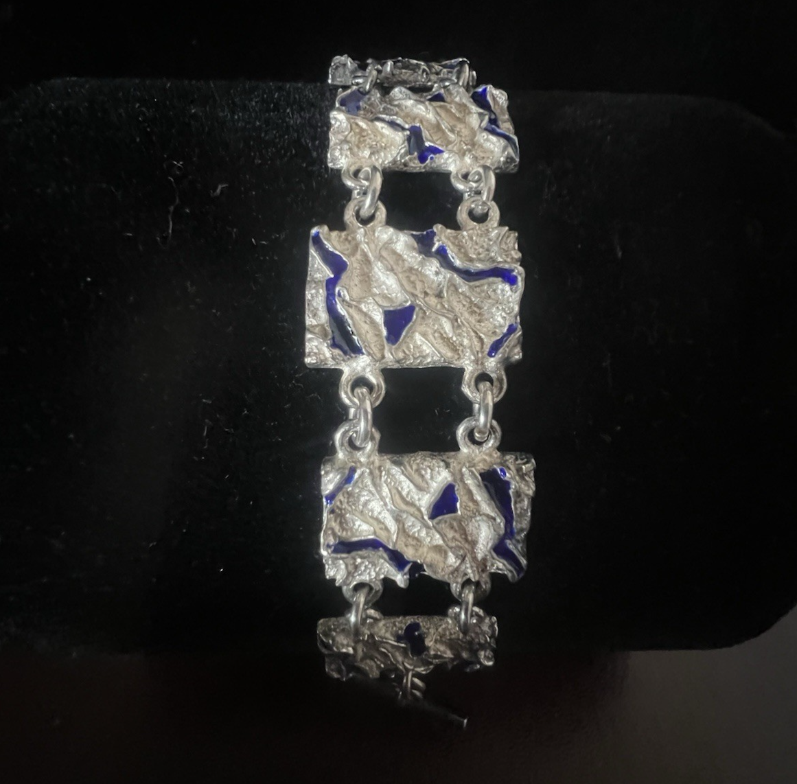 🔴 Bracciale ARGENTO 800 lingotti cesellati smalti blu cobalto Italy vintage