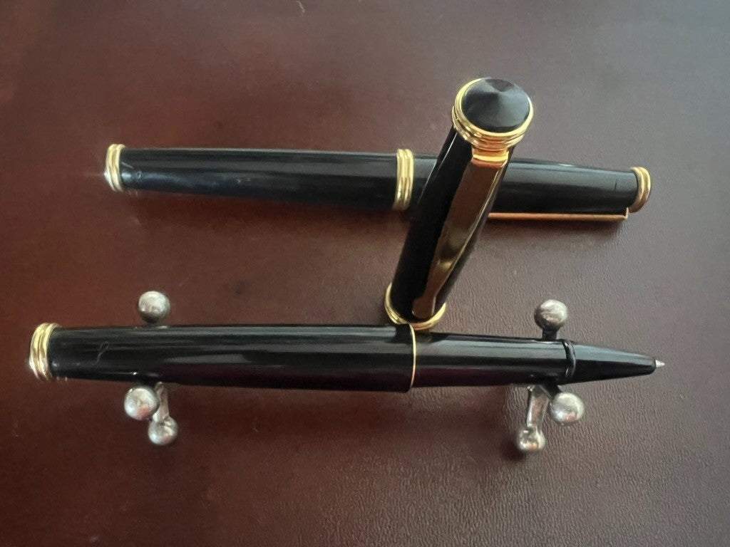 🔴 Penna stilografica e sfera nere profili dorati pennino F scrivono vintage