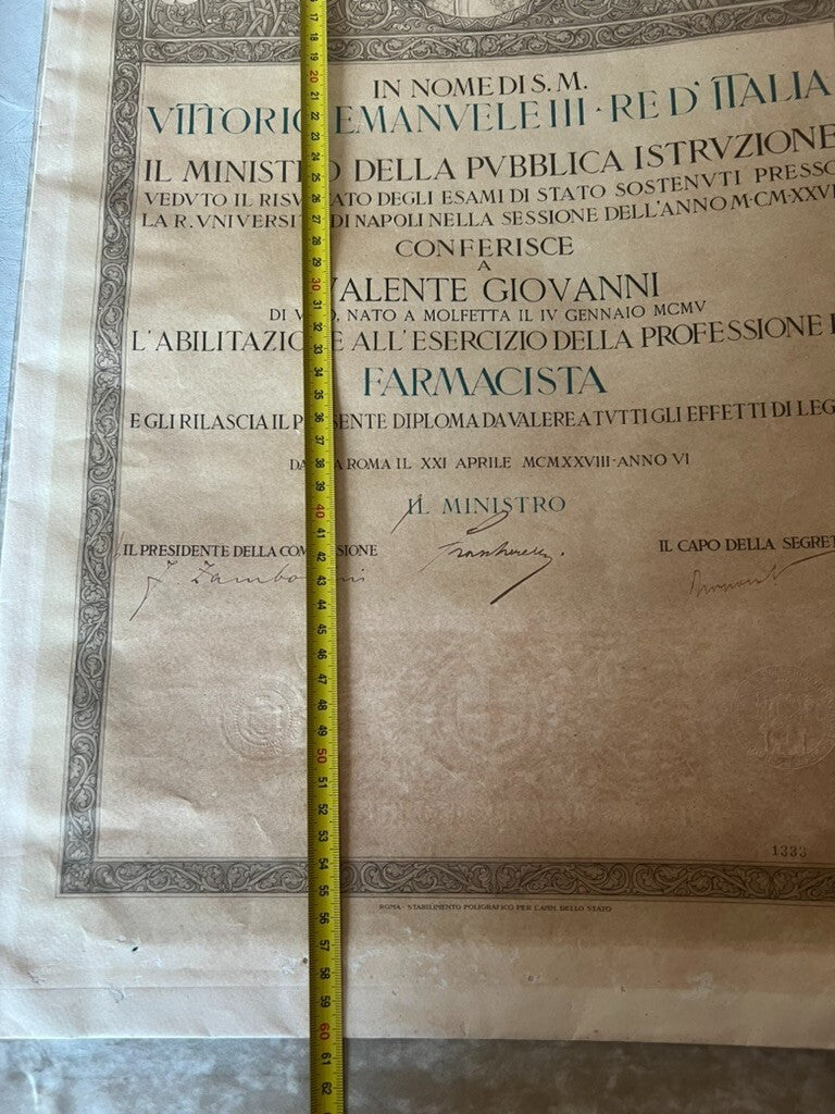 🔴 Laurea REGNO D'ITALIA farmacia VITTORIO EMANUELE III originale vintage 1928
