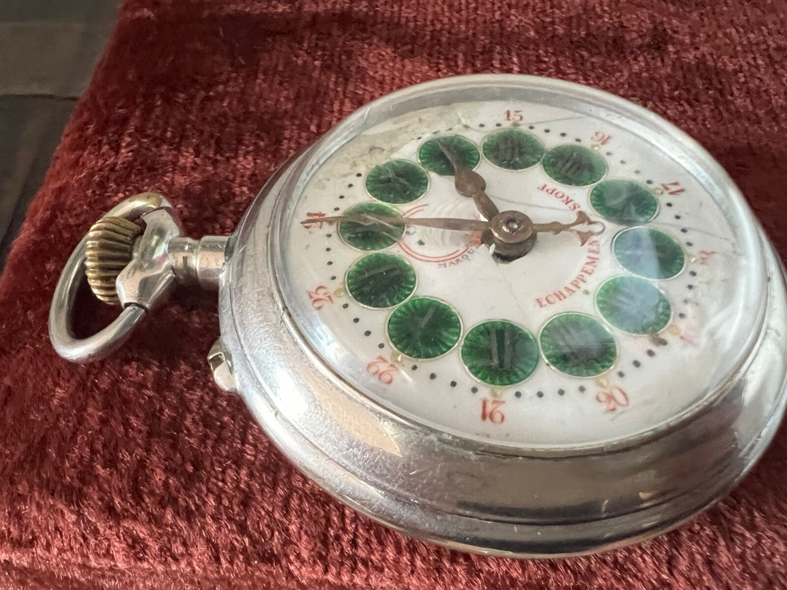 🔴 ROSKOPF Taschenuhr, Zifferblatt mit irisierendem Emaille, Handaufzug, Vintage 