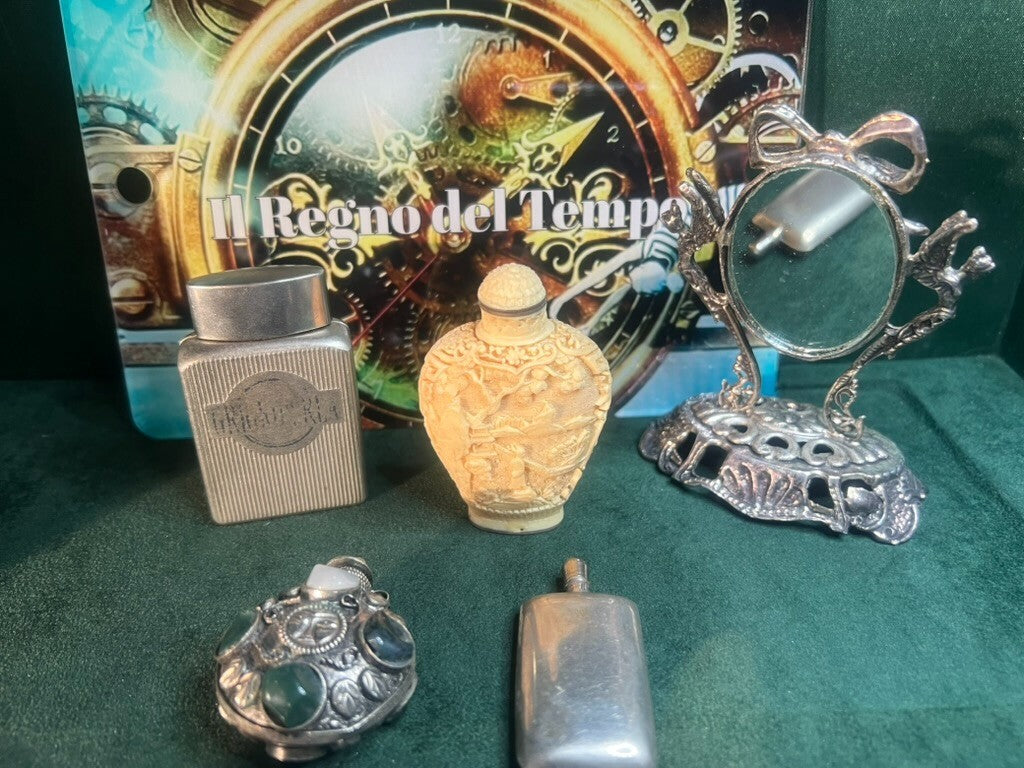 🔴 Porta PROFUMI ESSENZE da borsa toilette con specchio 5 PEZZI vintage