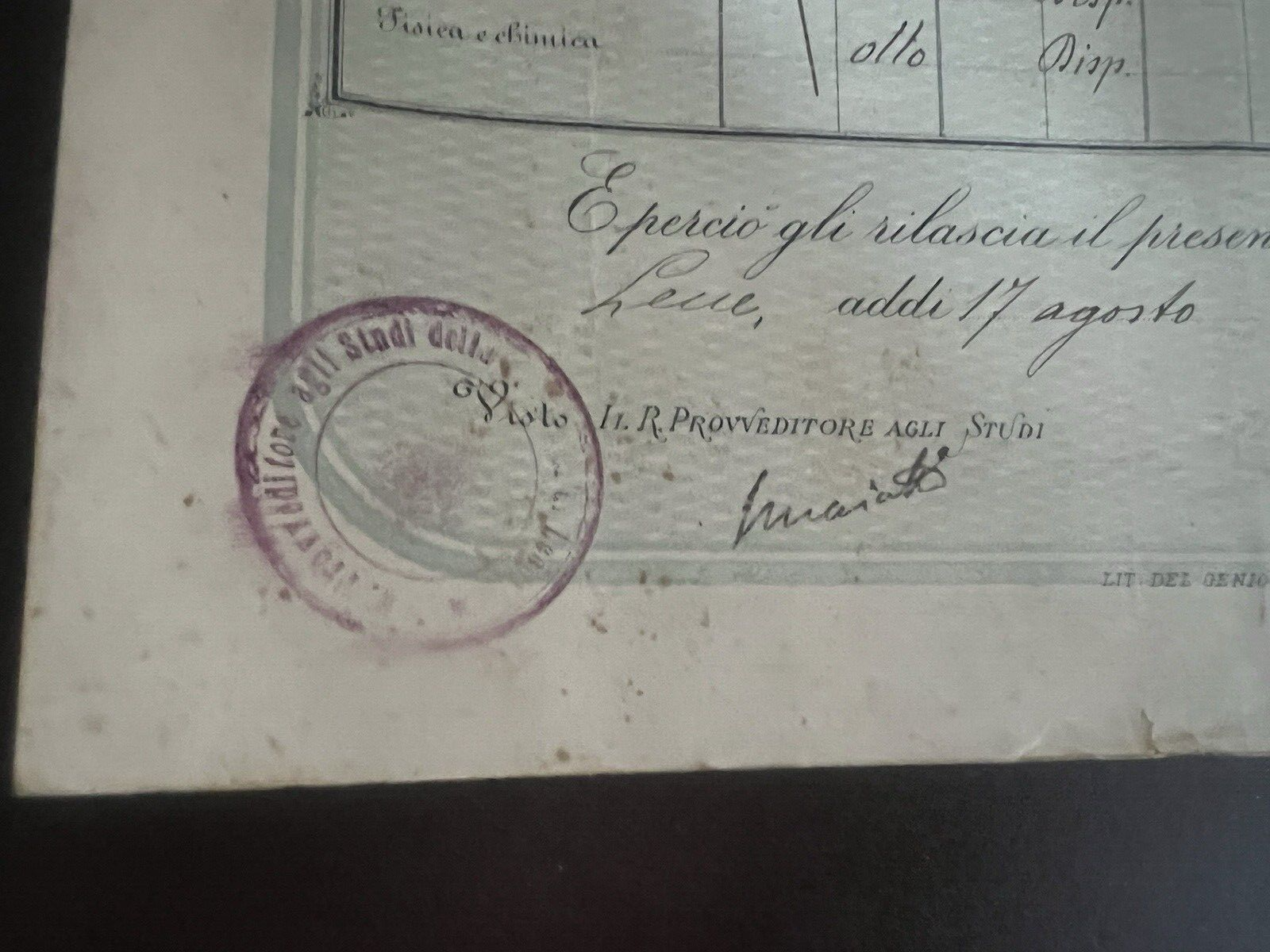 Regno D'Italie Diplôme Licence Lycéen Timbre D'Origine 17 Août 1910