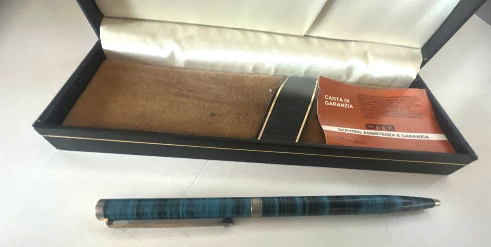 Maxim Stylo-Plume Sphère Laque Rayé Bleu Clair Marbré Avec Trousse Vintage