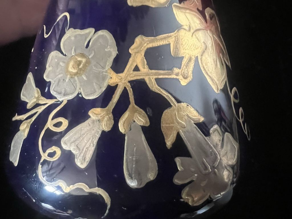 Blue Ceramic Desk Inkwell With Painted Gold Filigree