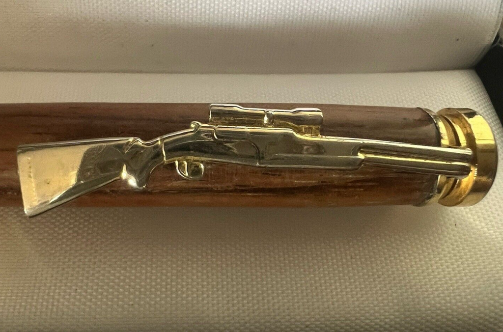 🔴 Penna sfera fucile RAIN HUNTER metallo e legno con bossolo scrive vintage
