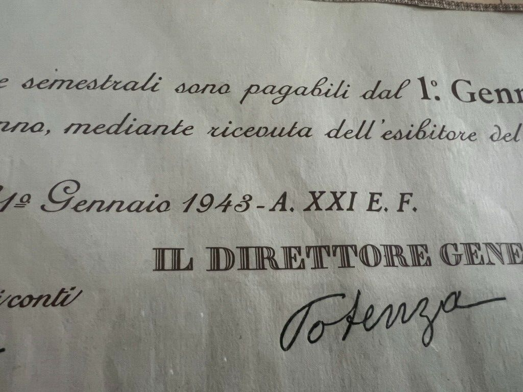 Regno Italie Paypal Publique Rendita Annua Roma 1943 Cadre D'Origine