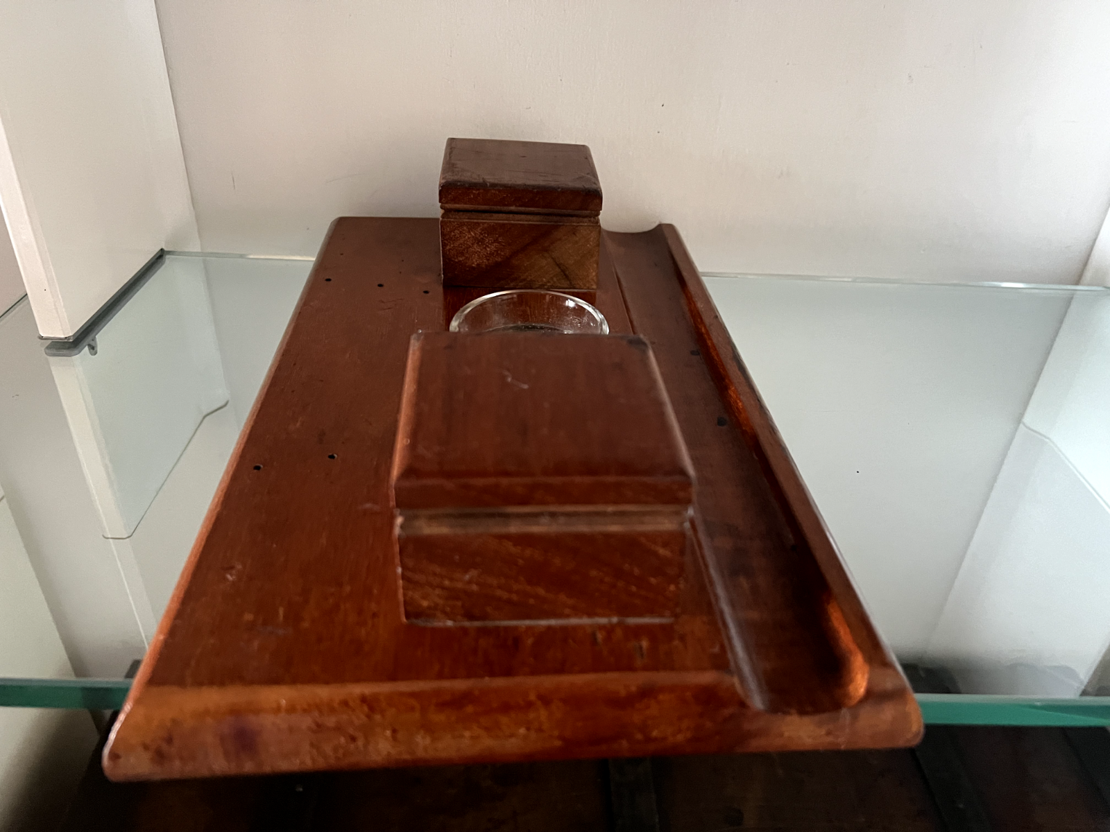 🔴 Calamaio penna stilografica sfera LEGNO MASSELLO da scrivania L 31 cm vintage