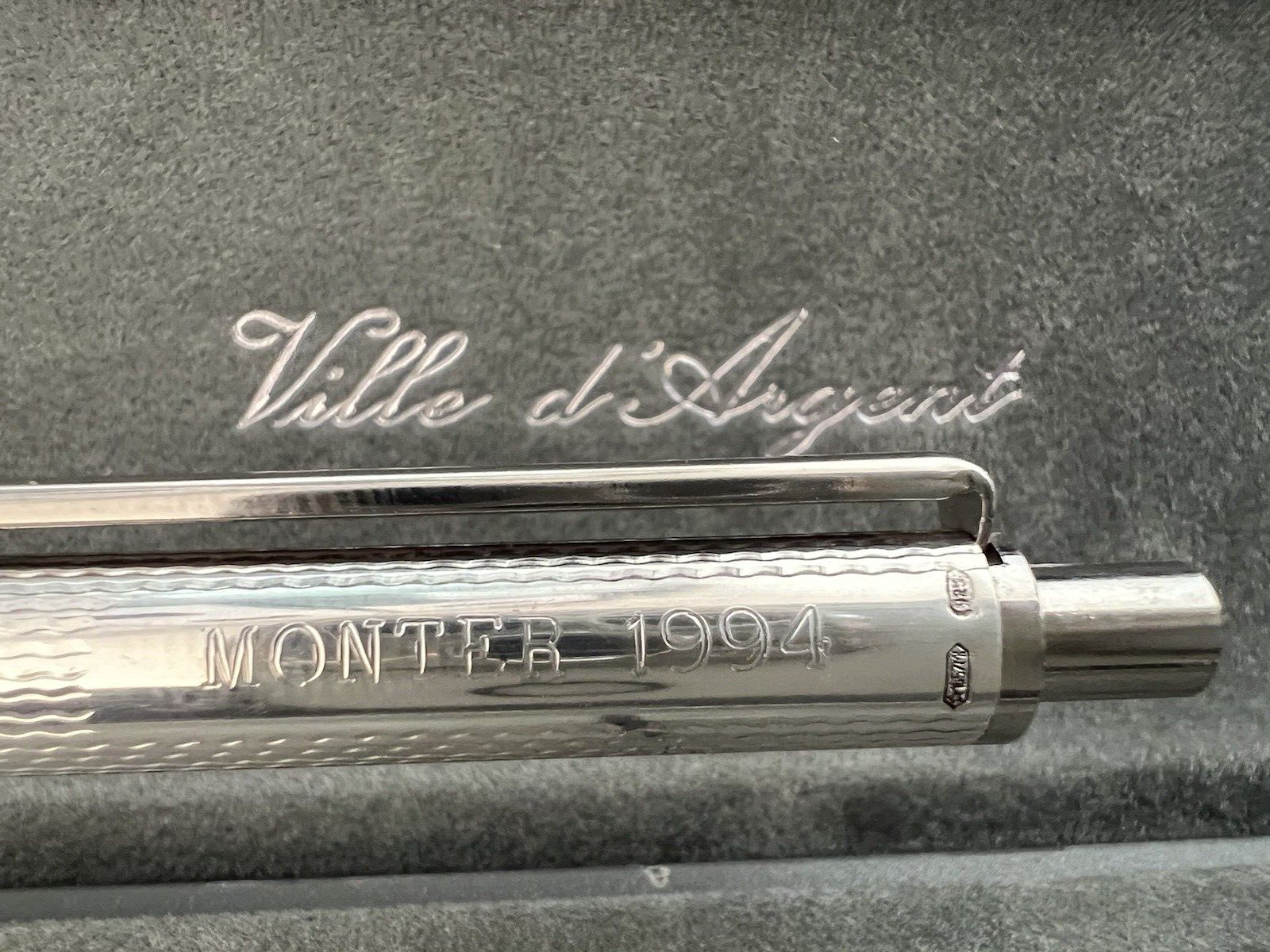 🔴 VILLE D'ARGENT Kugelschreiber 925 SILBER gemeißelte guillochierte Wellen MONTER 1994 