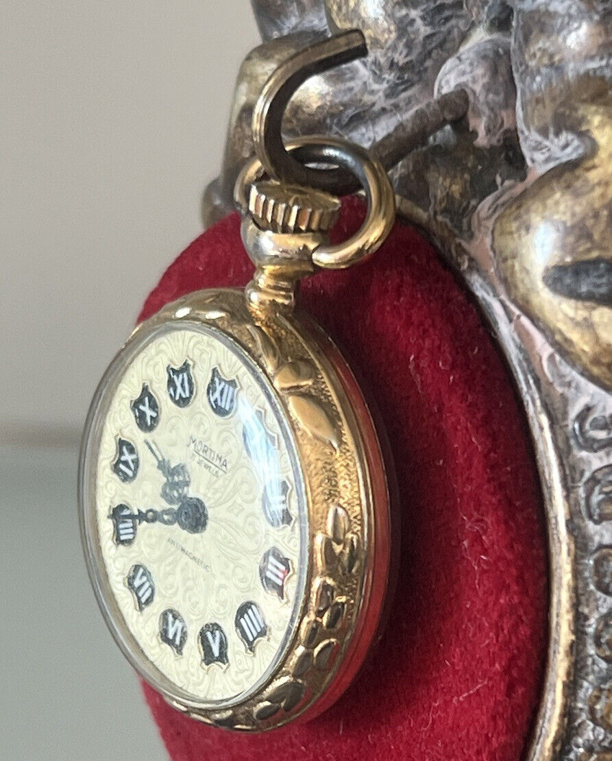 🔴 MORTIMA orologio tasca donna carica manuale cesellato dorato funziona vintage