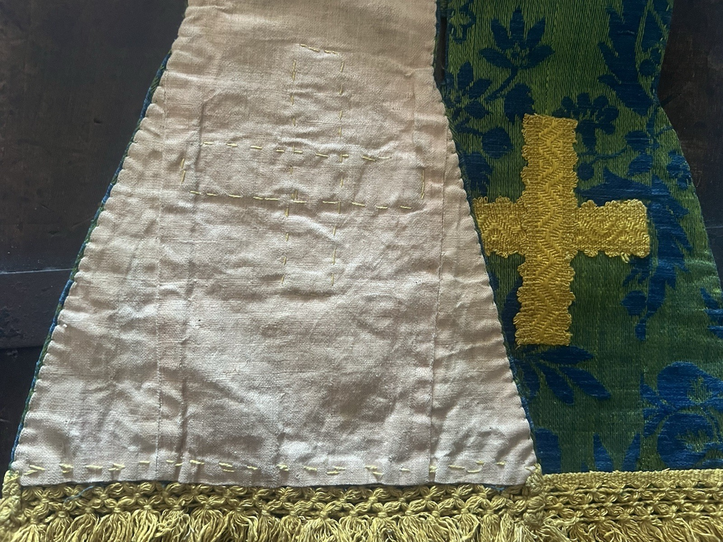 🔴 STOLA LITURGICA cattolica ricamata a mano broccato verde blu Croci XIX/XX sec