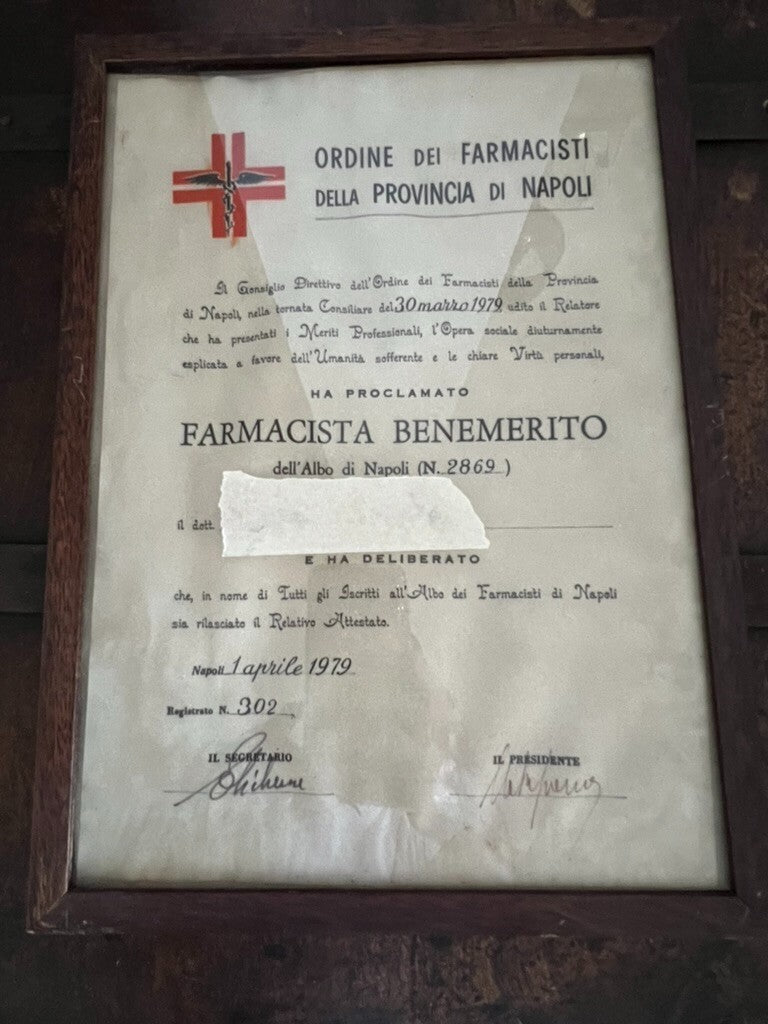 🔴 Certificate of Meritorious Pharmacist Naples 1 April 1979 with framework 