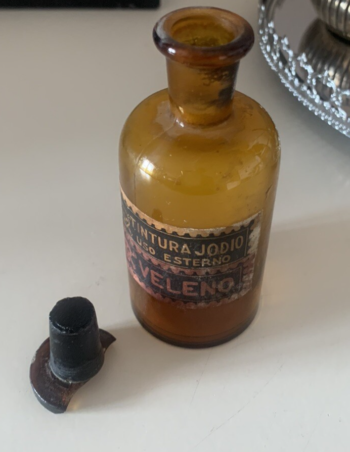 🔴 Bottiglia vetro AMPOLLA tintura Iodio medica laboratorio VINTAGE vetro h. 11