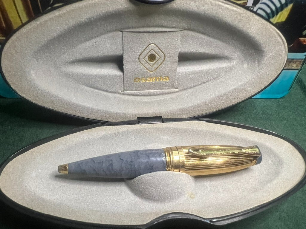 🔴 OSAMA Mini-Kugelschreiber für den Kalender, grau-goldener Lack, schreibt im Vintage-Stil 