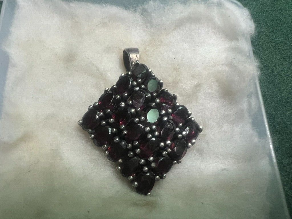 🔴 Ciondolo donna ARGENTO 925 grande rombo di granati naturali ovali vintage