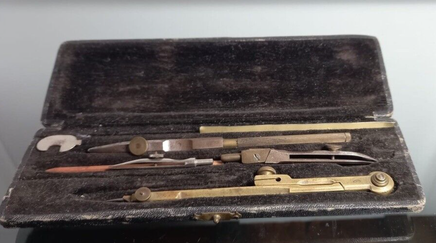 🔴 COMPASSI MILANO disegno tecnico ottone scatola velluto legno pelle VINTAGE