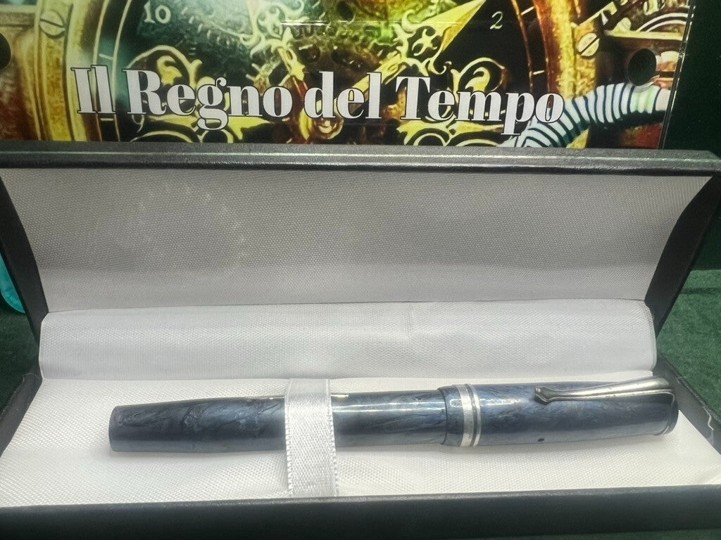 🔴 Penna stilografica AZZURRA MARMORIZZATA profili cromati a leva SCRIVE vintage