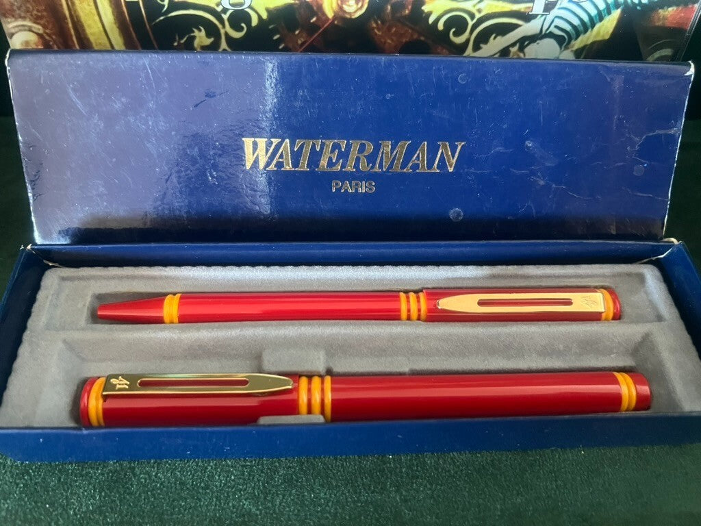 🔴 WATERMAN penna stilografica E sfera ROSSE F cofanetto vintage 2 PENNE